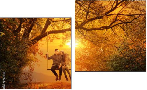 Romantic couple swing in the autumn park - Two-piece canvas print, Diptych