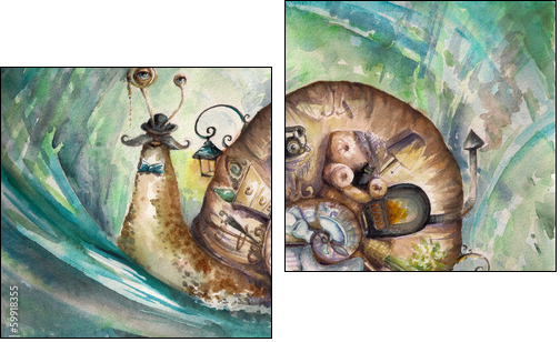 Snail with his house.Picture created with watercolors. - Two-piece canvas print, Diptych