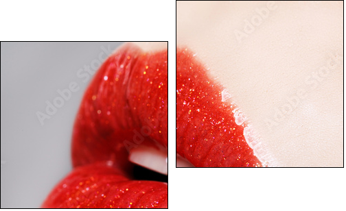 Beautiful female with red shiny lips close up - Two-piece canvas print, Diptych