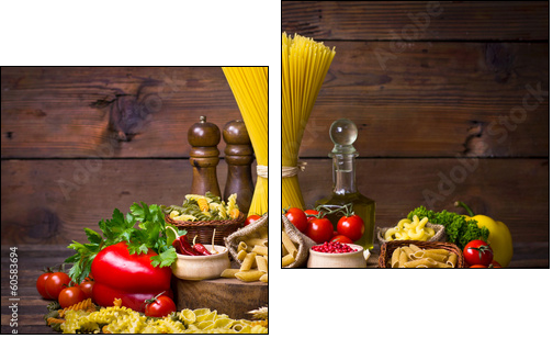 Variety of uncooked pasta and vegetables - Two-piece canvas print, Diptych