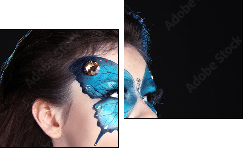 Face art portrait. Fashion Make up. Butterfly makeup on face bea - Two-piece canvas print, Diptych