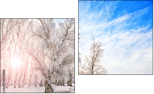 Winter time with river, trees and bright sun on a side - Two-piece canvas print, Diptych