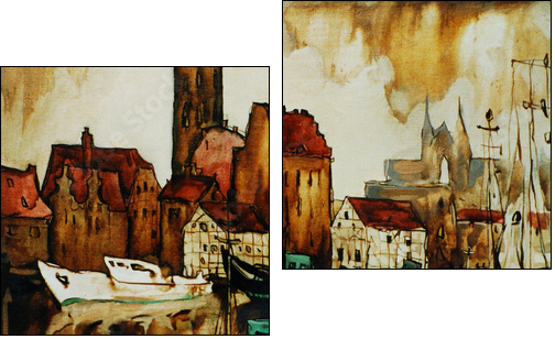 old harbour in the german city wismar, painting by oil on canvas - Two-piece canvas print, Diptych