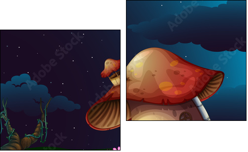 A scared monster near the mushroom house - Two-piece canvas print, Diptych
