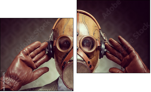 Vintage gas mask and headphones - Two-piece canvas print, Diptych