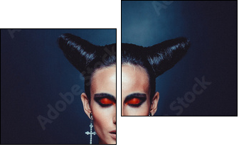 Beautiful woman in carnival costume. witch shape with Horns. - Two-piece canvas print, Diptych