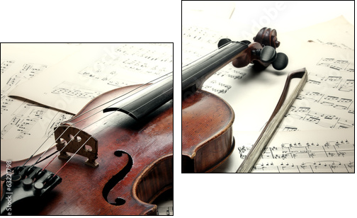 Old scratched violin with sheet music. Vintage style. - Two-piece canvas print, Diptych