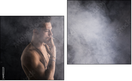 Shirtless young man smoking cigarette with a lot of smoke around - Two-piece canvas print, Diptych