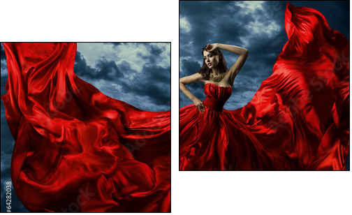 Woman in red evening dress, waving gown with flying long fabric - Two-piece canvas print, Diptych