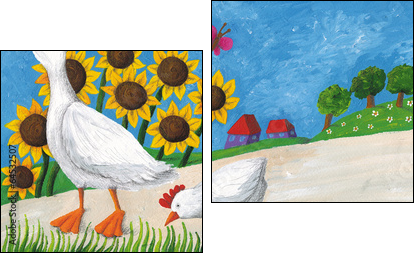 Goose with hen on village way - Two-piece canvas print, Diptych
