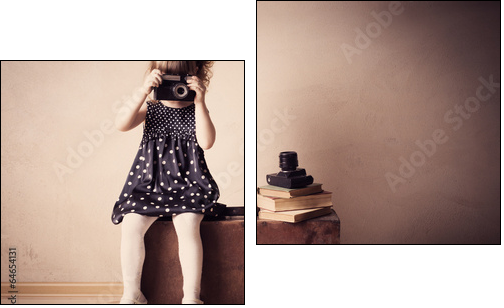 little girl with retro camera on  suitcase indoor - Two-piece canvas print, Diptych