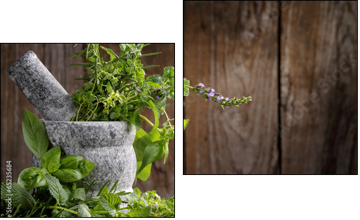 herbs in mortar - Two-piece canvas print, Diptych