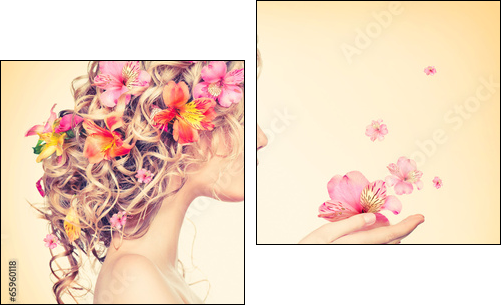 Beauty girl takes beautiful flowers in her hands - Two-piece canvas print, Diptych
