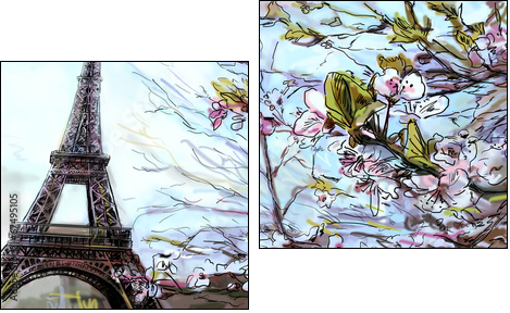 Street in paris. Eiffel tower - illustration - Two-piece canvas print, Diptych