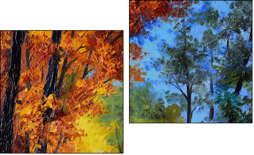 Oil Painting - autumn forest with a river - Two-piece canvas print, Diptych