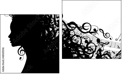 Vector Silhouette of Female Head with Musical Symbols - Two-piece canvas print, Diptych