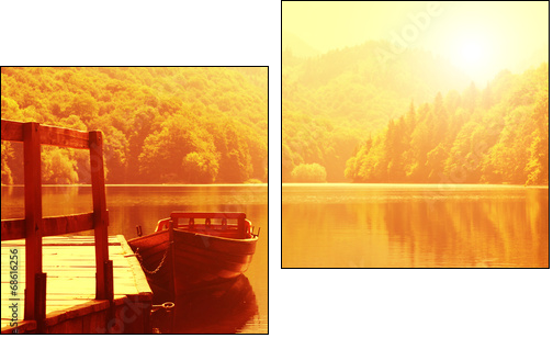 Wooden boat at pier on mountain lake - Two-piece canvas print, Diptych