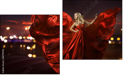 woman dancing in silk dress, artistic red blowing gown waving - Two-piece canvas print, Diptych