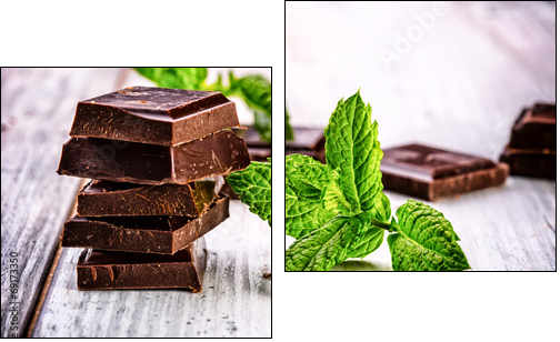 A few cubes of black chocolate with mint leaves on wooden table - Two-piece canvas print, Diptych