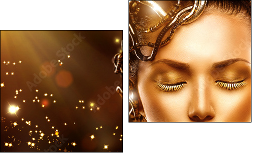 Model girl face with gold skin, nails, make-up and accessories - Two-piece canvas print, Diptych