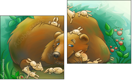 kind bear with the little rabbits - Two-piece canvas print, Diptych