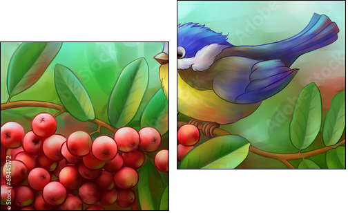 bird on a branch of mountain ash - Two-piece canvas print, Diptych