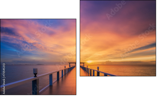 Wooded bridge in the port between sunrise. - Two-piece canvas print, Diptych