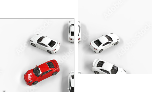 Red car among many white cars - top view - Two-piece canvas print, Diptych