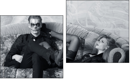 young man and woman on the sofa. makeup in Halloween theme - Two-piece canvas print, Diptych
