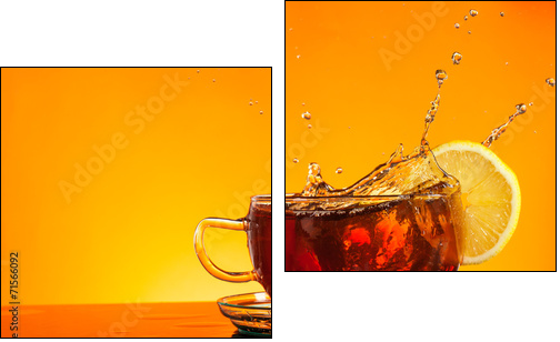 Tea splashing out of glass with orange background - Two-piece canvas print, Diptych