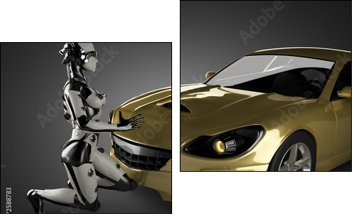 luxury brandless sport car and woman robot - Two-piece canvas print, Diptych