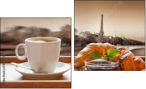 Coffee with croissants against Eiffel Tower in Paris, France - Two-piece canvas print, Diptych
