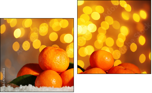 Fresh ripe mandarins on snow, on lights background - Two-piece canvas print, Diptych