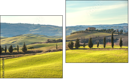 Artistic Tuscan landscape with cypresses, wavy fields and house - Two-piece canvas print, Diptych