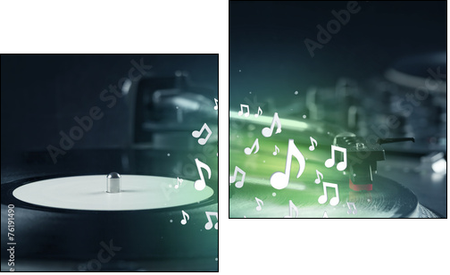 Turntable playing music with audio notes glowing - Two-piece canvas print, Diptych