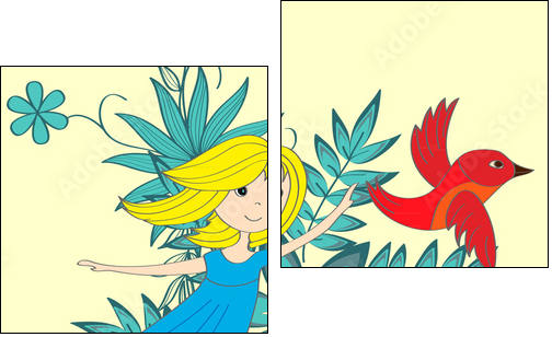 Flying little girl and magical red bird - Two-piece canvas print, Diptych
