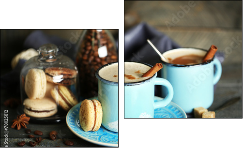Beautiful composition with tasty cappuccino on wooden table - Two-piece canvas print, Diptych