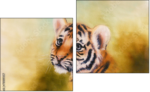 adorable baby tiger head looking out from a green  surroundings - Two-piece canvas print, Diptych