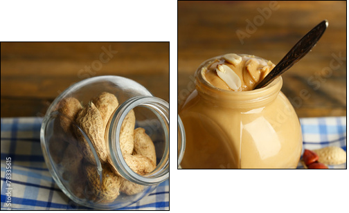 Fresh peanut butter in jar on wooden background - Two-piece canvas print, Diptych
