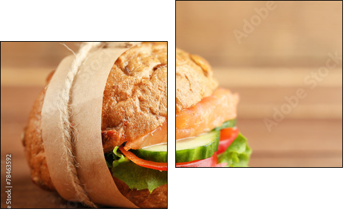 Sandwich with salmon on wooden background - Two-piece canvas print, Diptych