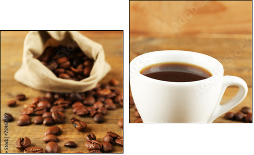 Cup of coffee with beans on rustic wooden background - Two-piece canvas print, Diptych