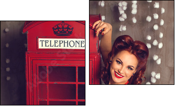 Red hair pin-up woman portrait near telephone booth - Two-piece canvas print, Diptych