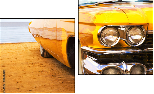 Classic yellow flame painted Cadillac at beach - Two-piece canvas print, Diptych
