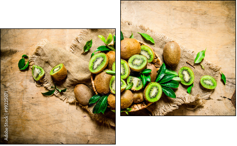 Kiwi fruit in basket with leaves on the old fabric. - Two-piece canvas print, Diptych