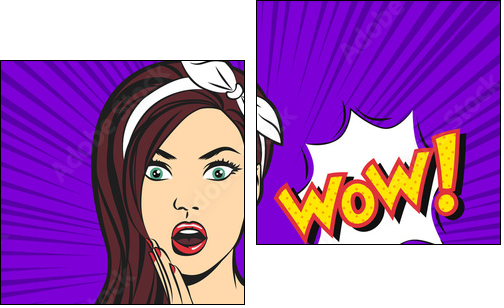 Vector pop art surprised woman face with open mouth and a WOW bubble - Two-piece canvas print, Diptych