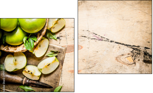 Fresh green apples in the basket with knife . - Two-piece canvas print, Diptych