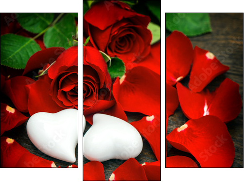 Red roses and two hearts. Valentines Day or Wedding vintage - Three-piece canvas print, Triptych