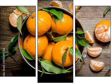 Fresh tangerines with a knife and peeled mandarins in the bucket. - Three-piece canvas print, Triptych