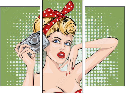 Pin-up sexy woman with camera taking pictures - Three-piece canvas print, Triptych