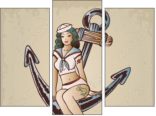 Vintage pinup sailor girl sitting on an anchor - Three-piece canvas print, Triptych